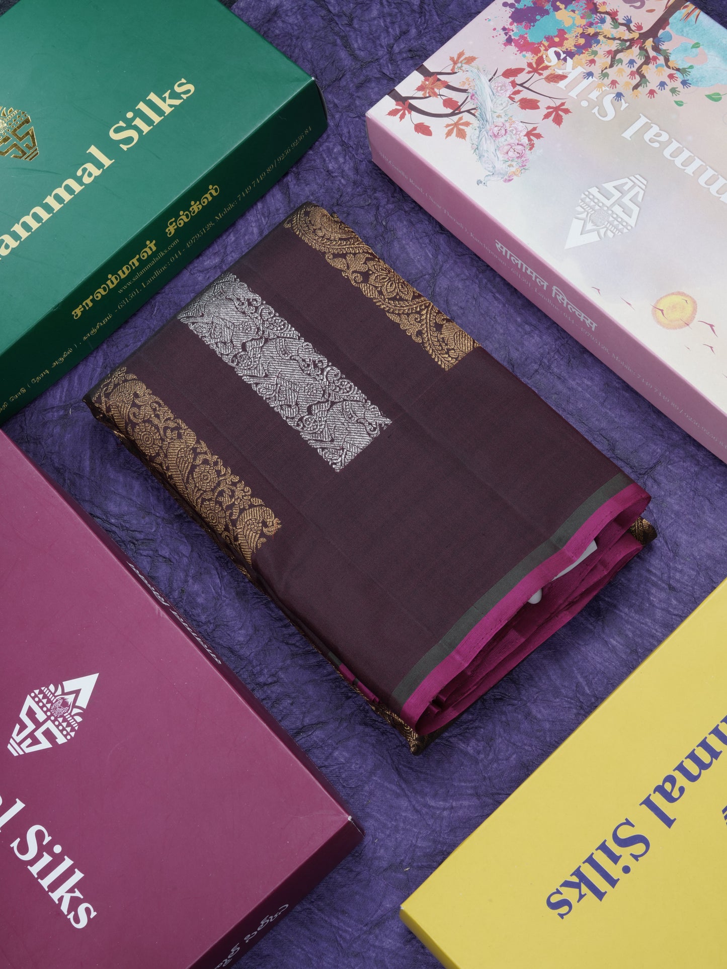 Dark Maroon Gold And Silver Zari Butta Lines Fancy Pure Kanjivaram Silk Saree Without Border