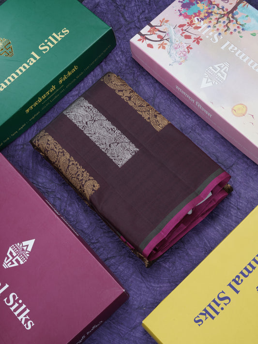 Dark Maroon Gold And Silver Zari Butta Lines Fancy Pure Kanjivaram Silk Saree Without Border