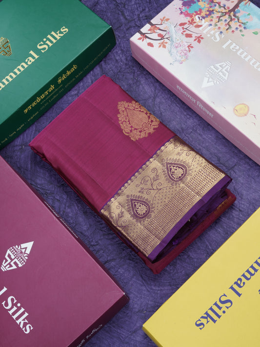 Magenta Pure Kanjivaram Silk Saree With Contrast Purple Border
