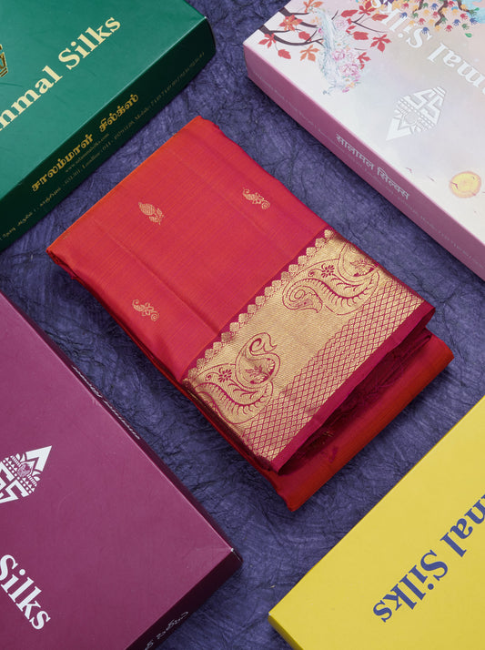 Dual Tone Pinkish Orange Pure Kanjivaram Silk Saree With Contrast Rani Pink Traditional Border