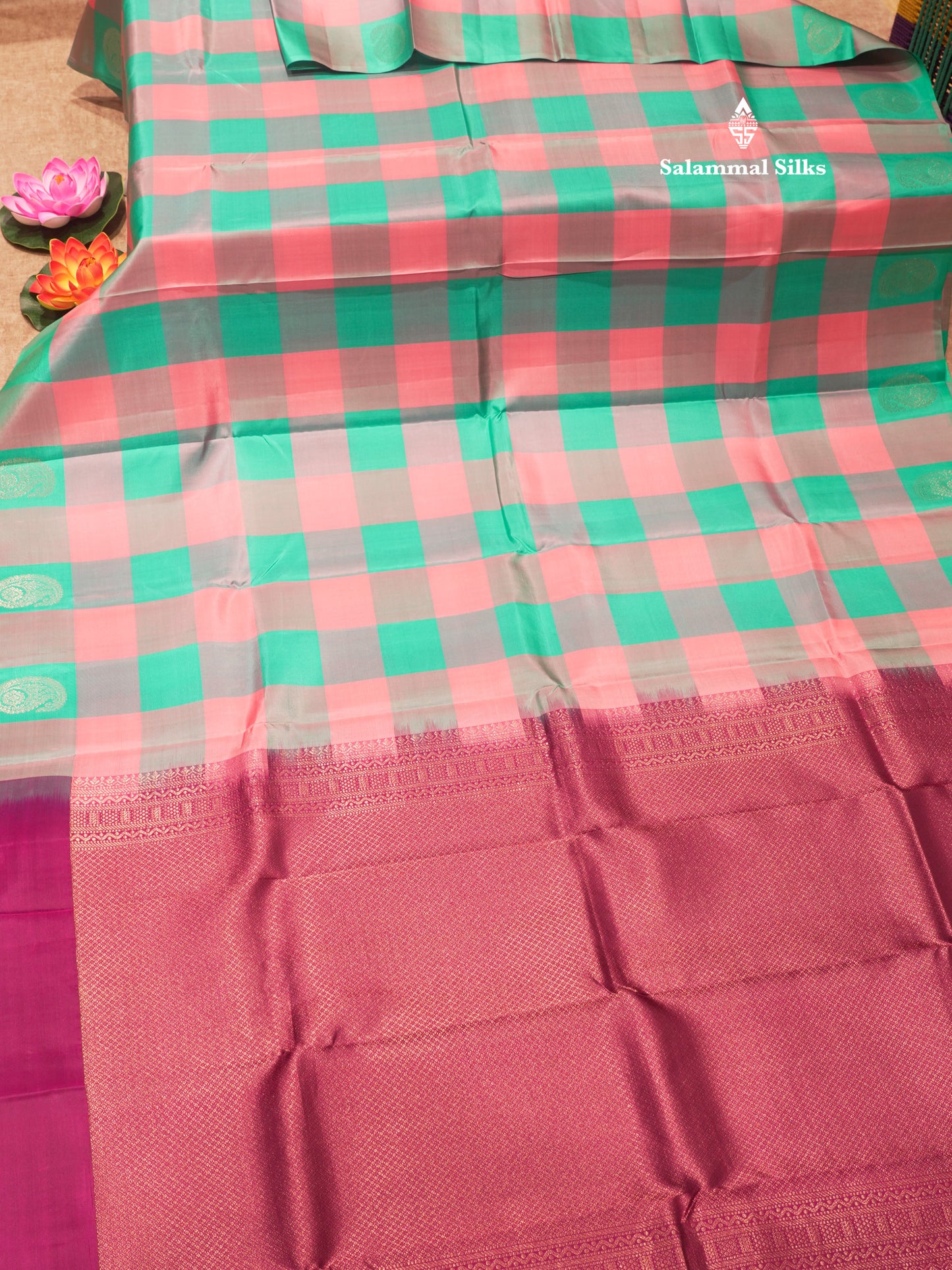 Pure Kanjivaram Palum Pazham Checks Silk Saree With Violet Blouse