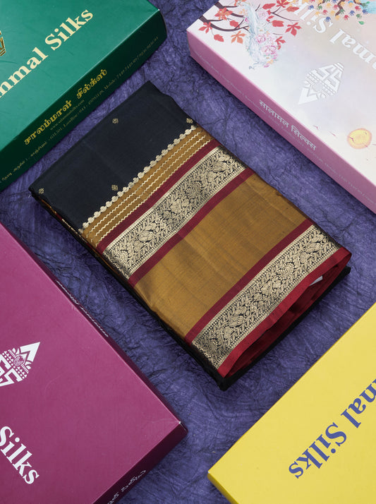 Black Pure Kanjivaram Silk Saree With Contrast Olive Mustard Yellow Rettapet Border