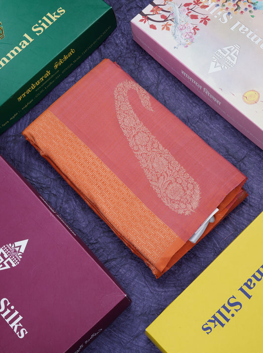 Pinkish Orange Fancy Pure Kanjivaram Silk Saree With Orange Blouse