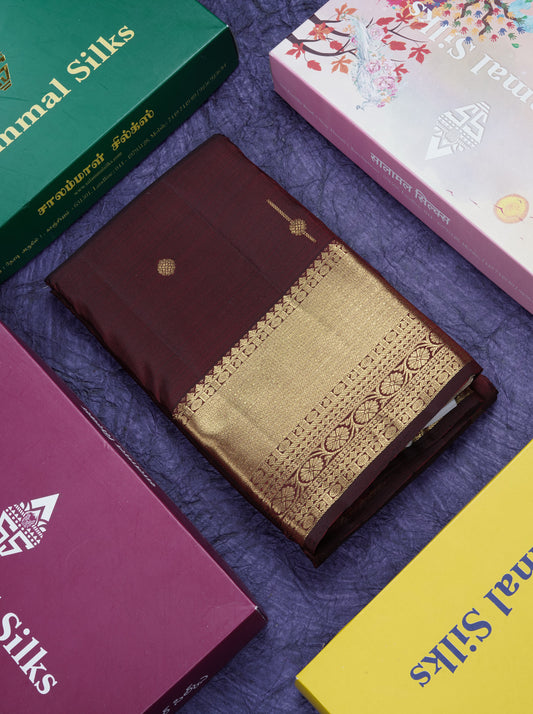 Maroon Beautiful Small Buttas Pure Kanjivaram Silk Saree With Self Border