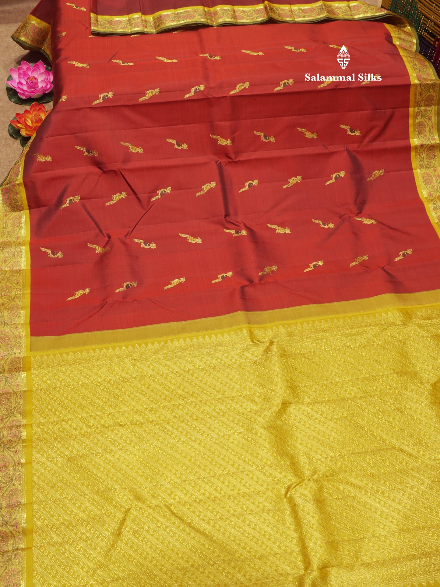 Maroon Colour Pure Kanjivaram Silk Saree With Contrast Mustard Yellow Small Border