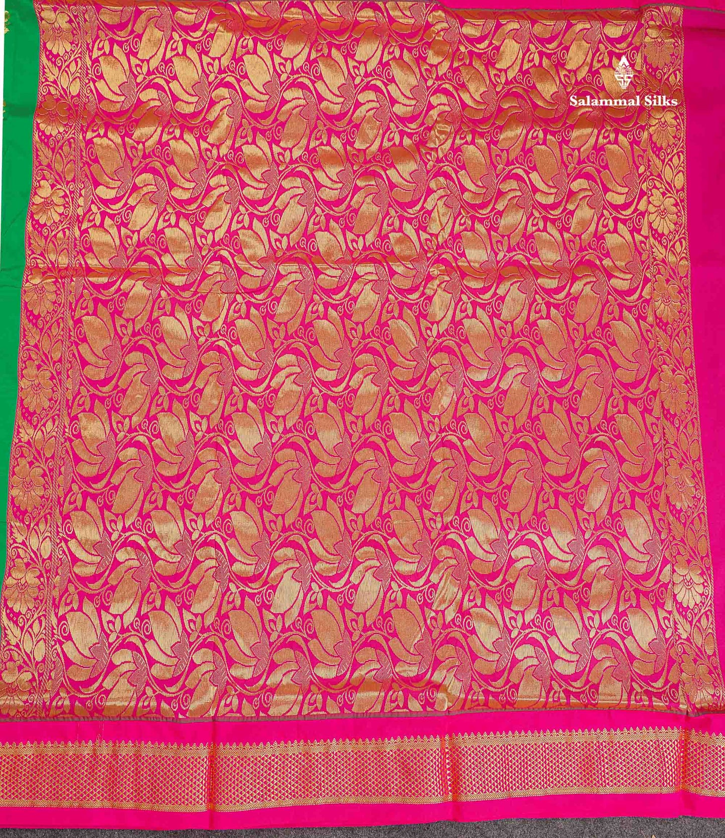 Semi Silk Saree - Green Colour Body Zari Buttas With Contrast Pink Border | 10 Yards