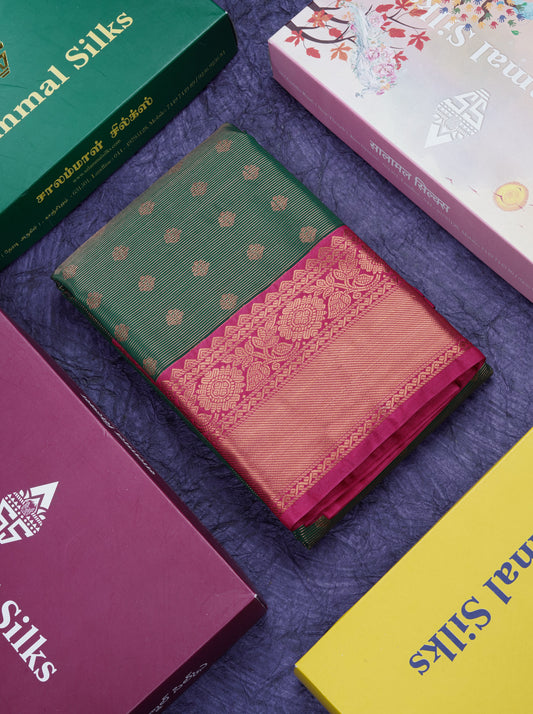 Bottle Green Vairaoosi Lines With Butta Semi Silk Saree With Contrast Pink Border