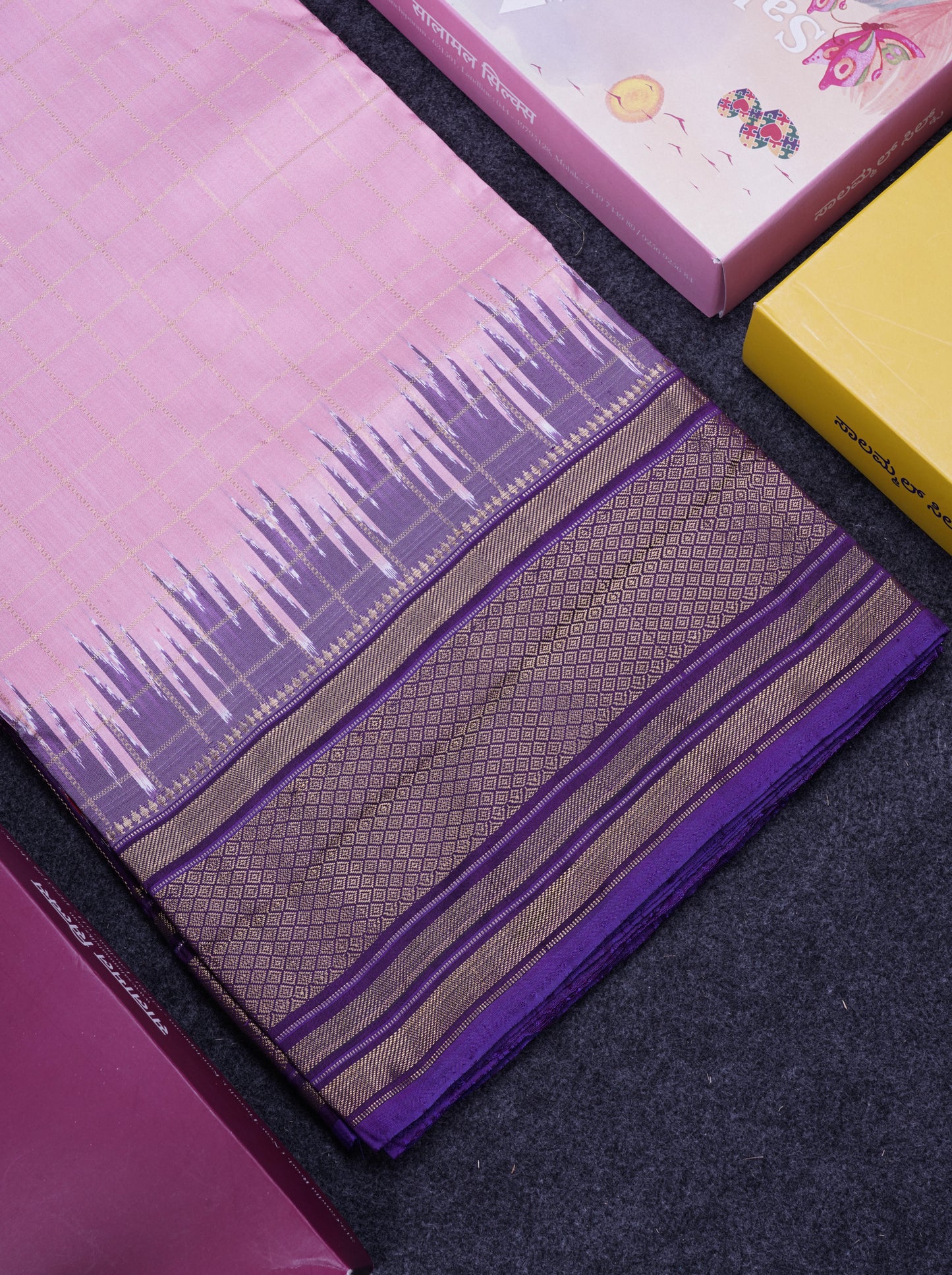 Baby Pink Checks Pure Kanjivaram Silk Saree With Contrast Purple Pochampalli Blouse