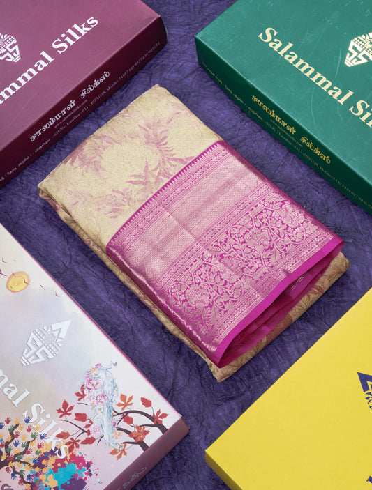 Beautiful Golden Yellow Bridal Pure Kanjivaram Silk Saree With Contrast Magenta Pink Border