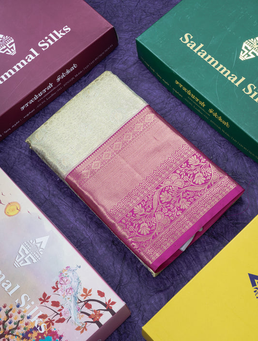 Light Parrot Green Tissue Bridal Pure Kanjivaram Silk Saree With Contrast Magenta Pink Border