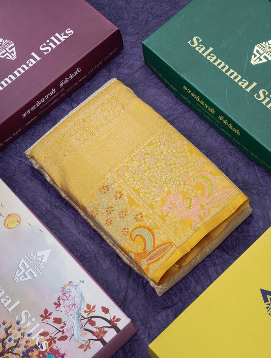 Sandal Bridal Pure Kanjivaram Silk Saree With Contrast Mustard Yellow Menakari Work Evening Morning Border