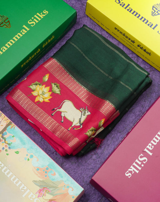 Bottle Green Semi Crepe Saree With Contrast Reddish Pink Border