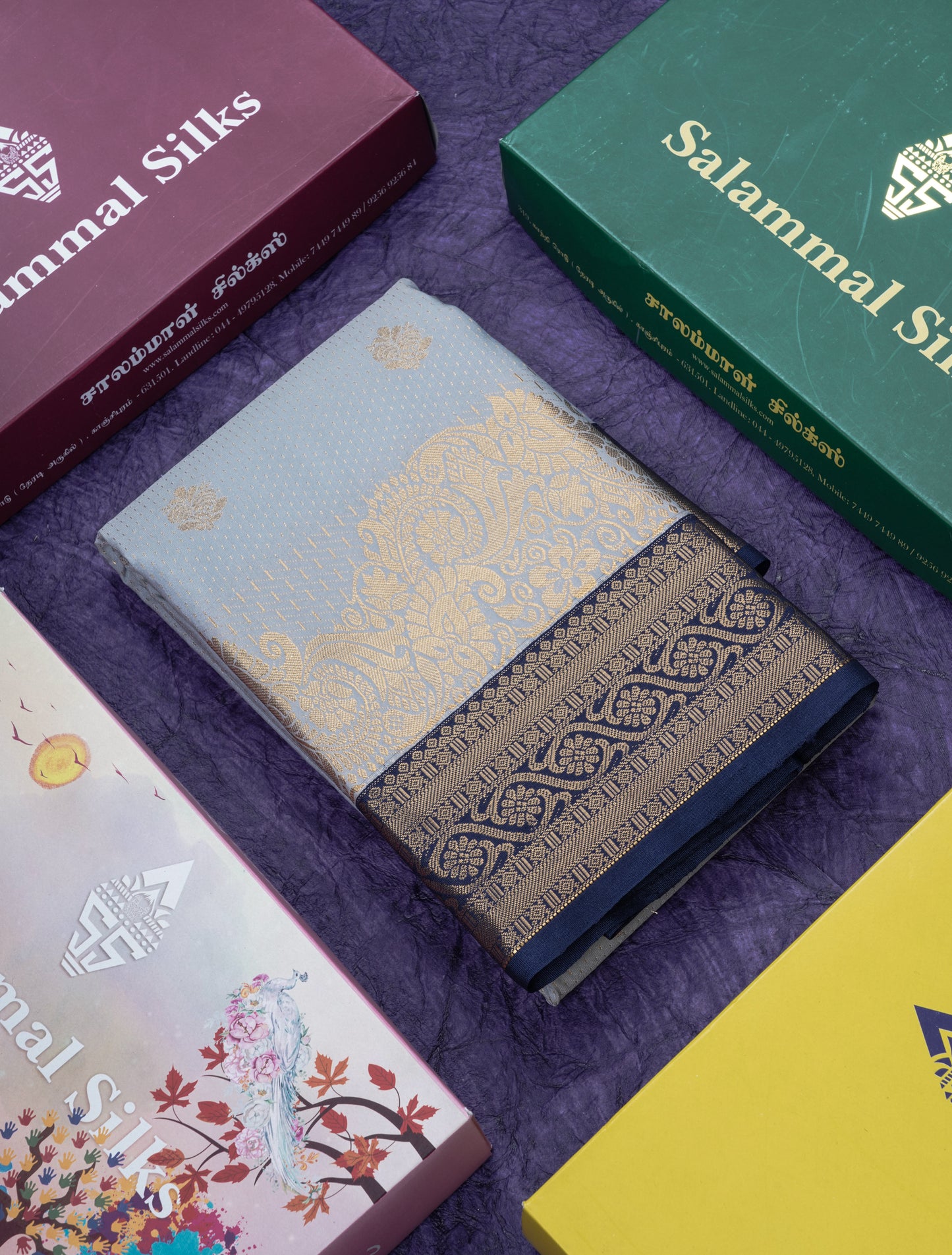 Purple Semi Silk Saree With Contrast Green Fancy Turning Border