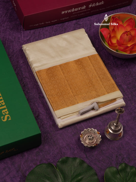 Cream White Pure Silk Dhoti (8) Yards with Gold Zari Border