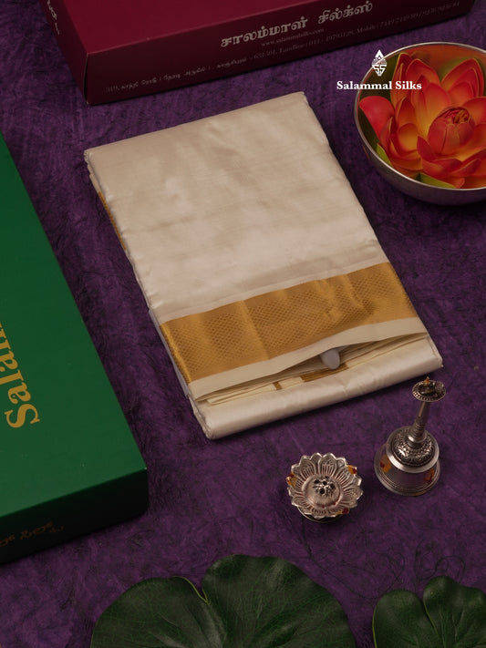 Cream White Pure Silk Dhoti (8) Yards with Gold Zari Border