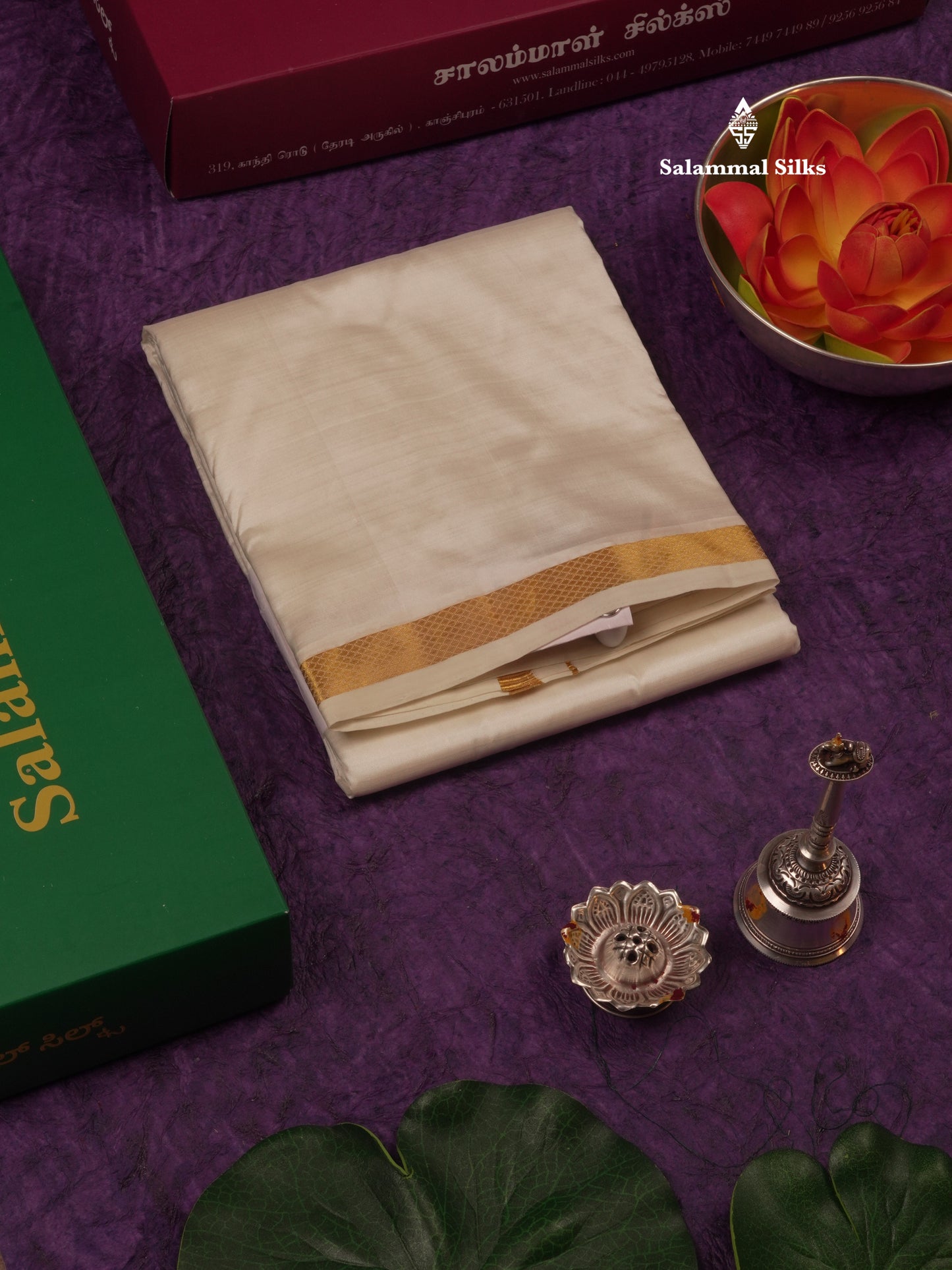 Cream White Pure Silk Dhoti (8) with Gold Zari Border