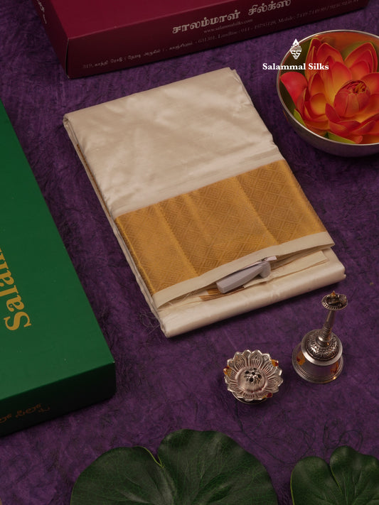 Cream White Pure Silk Dhoti (8) Yards with Gold Zari Border