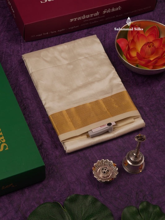 Cream White Pure Silk Dhoti (8) Yards with Gold Zari Border