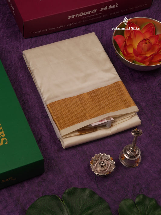 Cream White Pure Silk Dhoti (8) Yards with Gold Zari Border