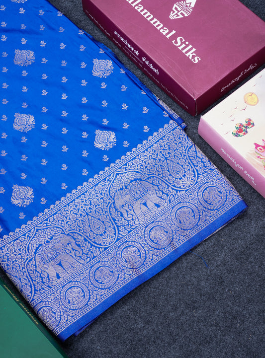 Beautiful Royal Blue Russian Silk Saree With Fancy Self Border