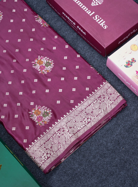 Beautiful Magenta Meenakari Work Russian Silk Saree With Fancy Self Border