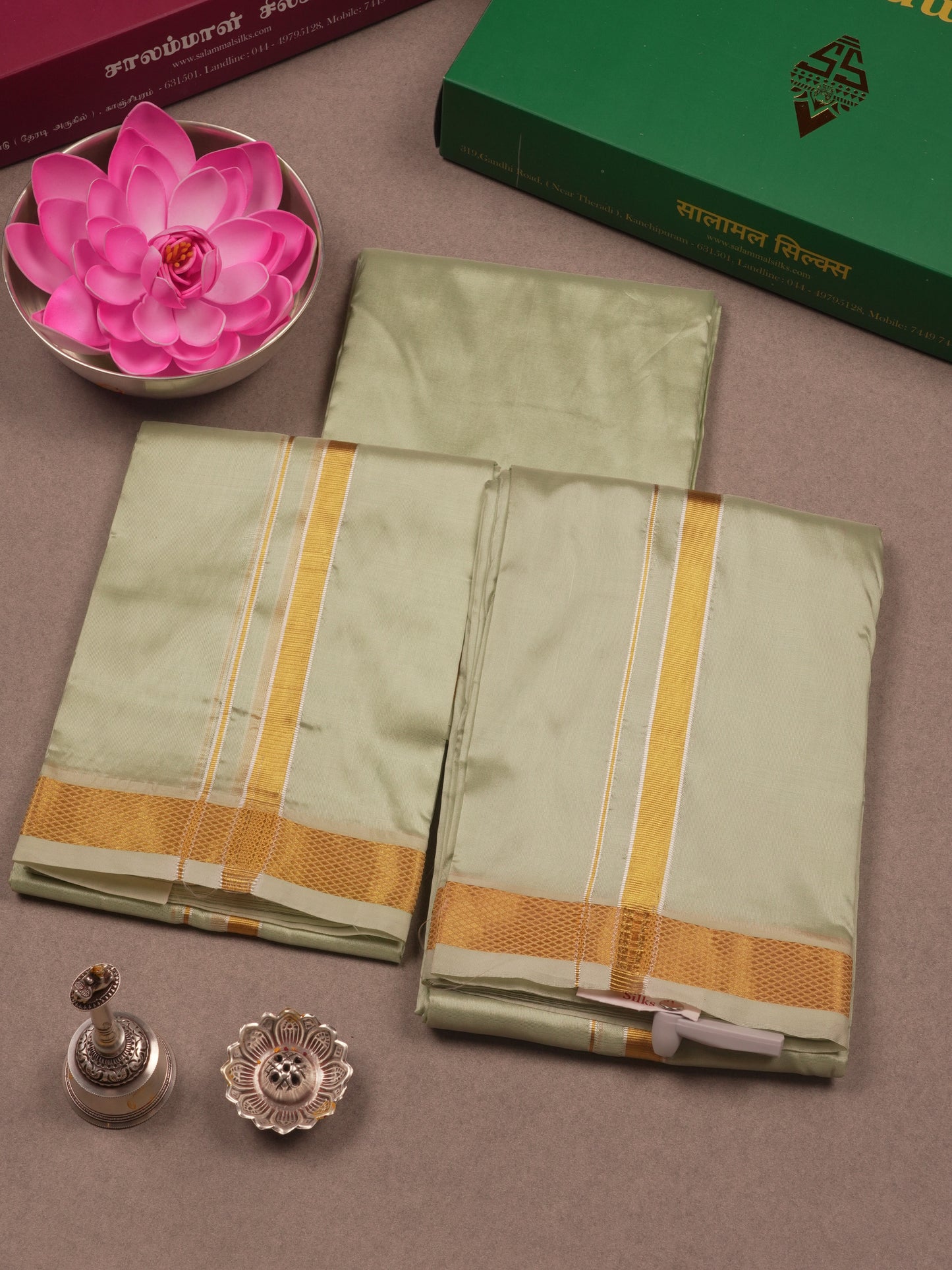 Pista Green Semi Silk Dhoti, Angavastram & Shirt (2.50M) with Gold Zari Border