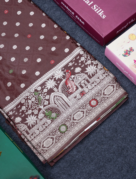 Beautiful Brown Meenakari Work Russian Silk Saree With Fancy Self Border