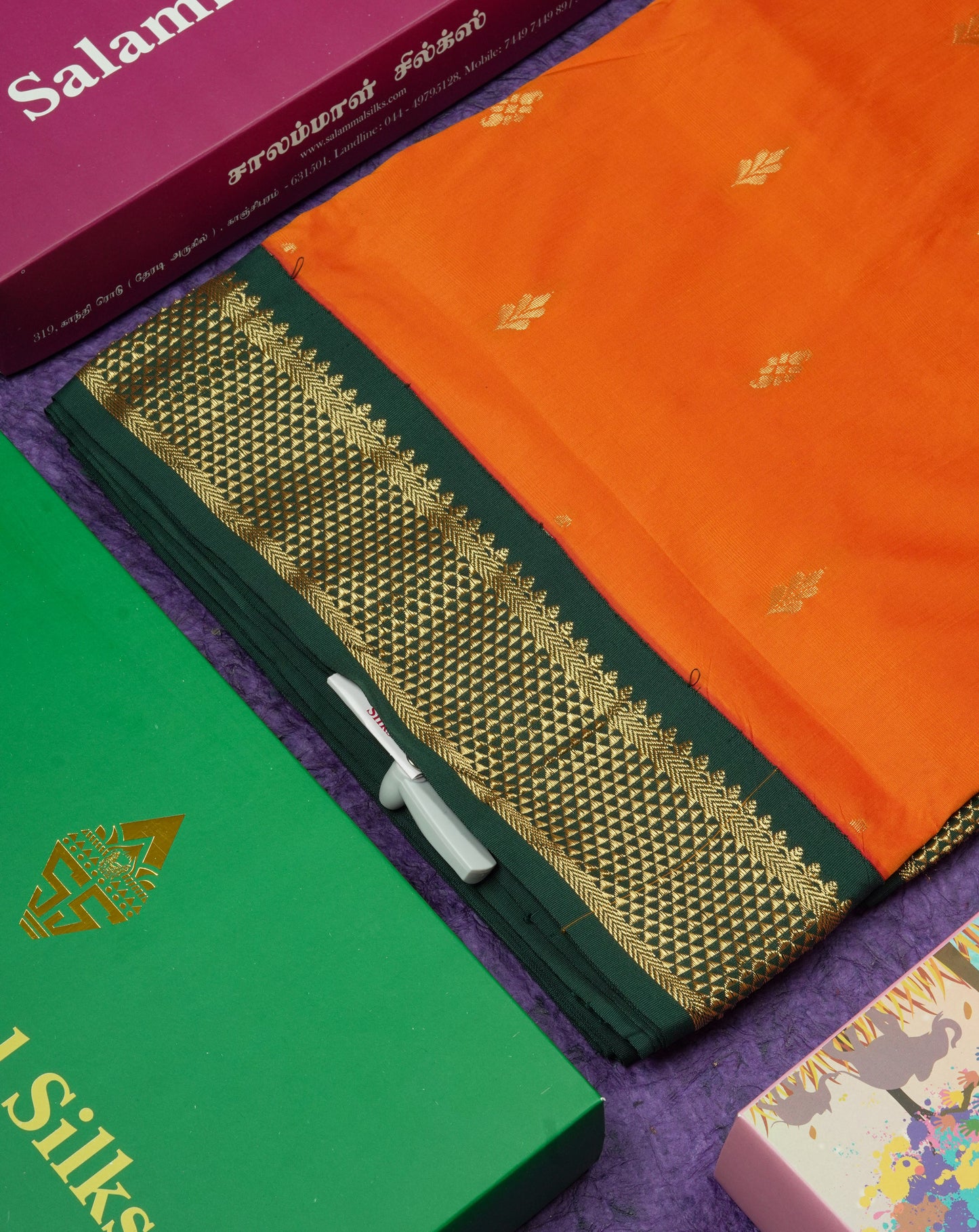 11 Yards Semi Silk Saree Orange with Contrast Bottle Green Border