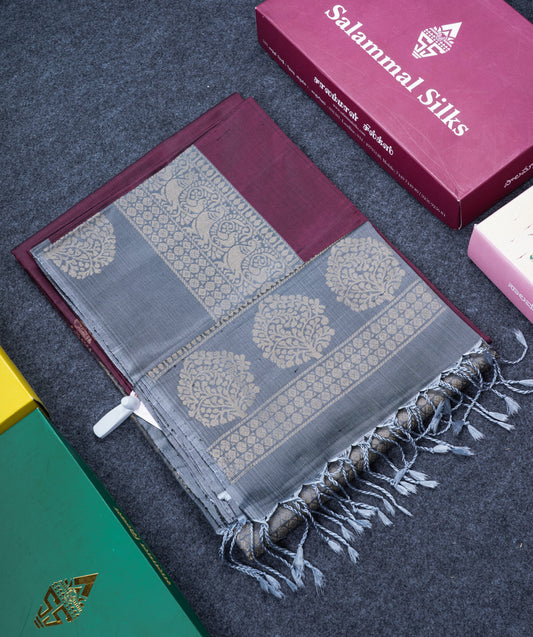 Beautiful Wine Pure Kanjivaram Soft Silk Saree With Grey One Side Long Border