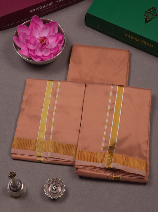 Copper Colour Semi Silk Dhoti, Angavastram & Shirt (2.50M) with Gold Zari Border