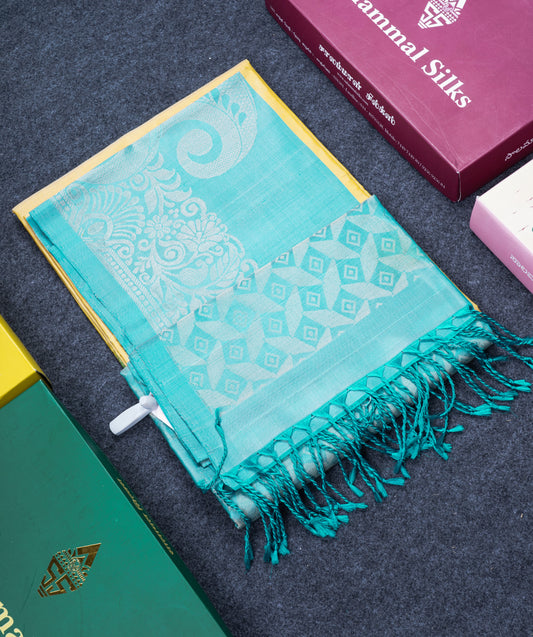 Beautiful Yellow Pure Kanjivaram Soft Silk Saree With Sapphire Blue One Side Long Border
