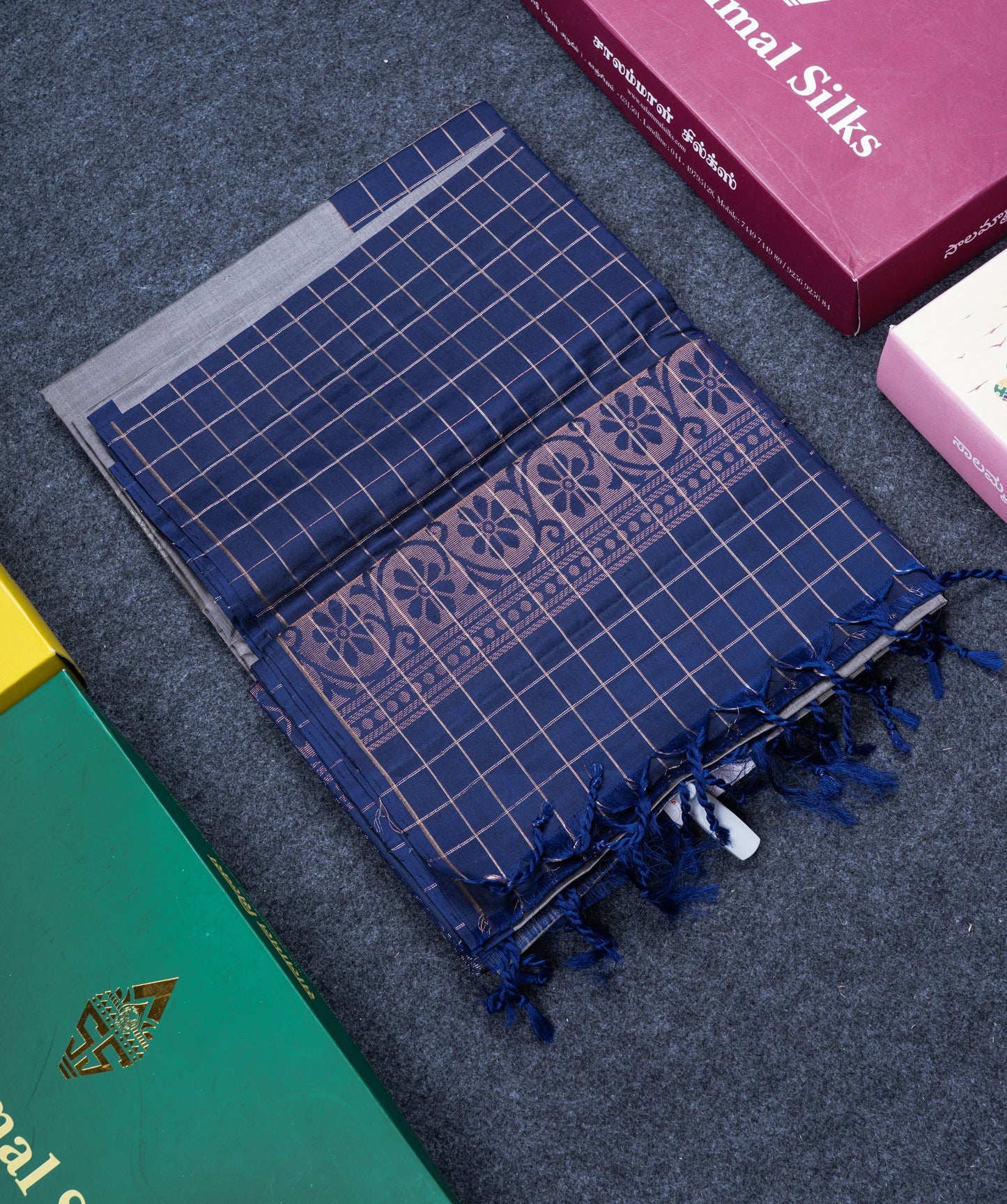 Beautiful Grey Pure Kanjivaram Soft Silk Saree With Navy Blue Zari Lines One Side Border