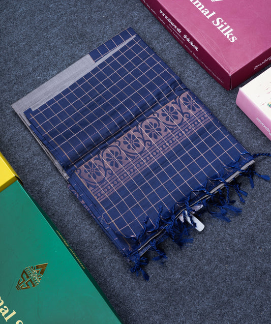 Beautiful Grey Pure Kanjivaram Soft Silk Saree With Navy Blue Zari Lines One Side Border