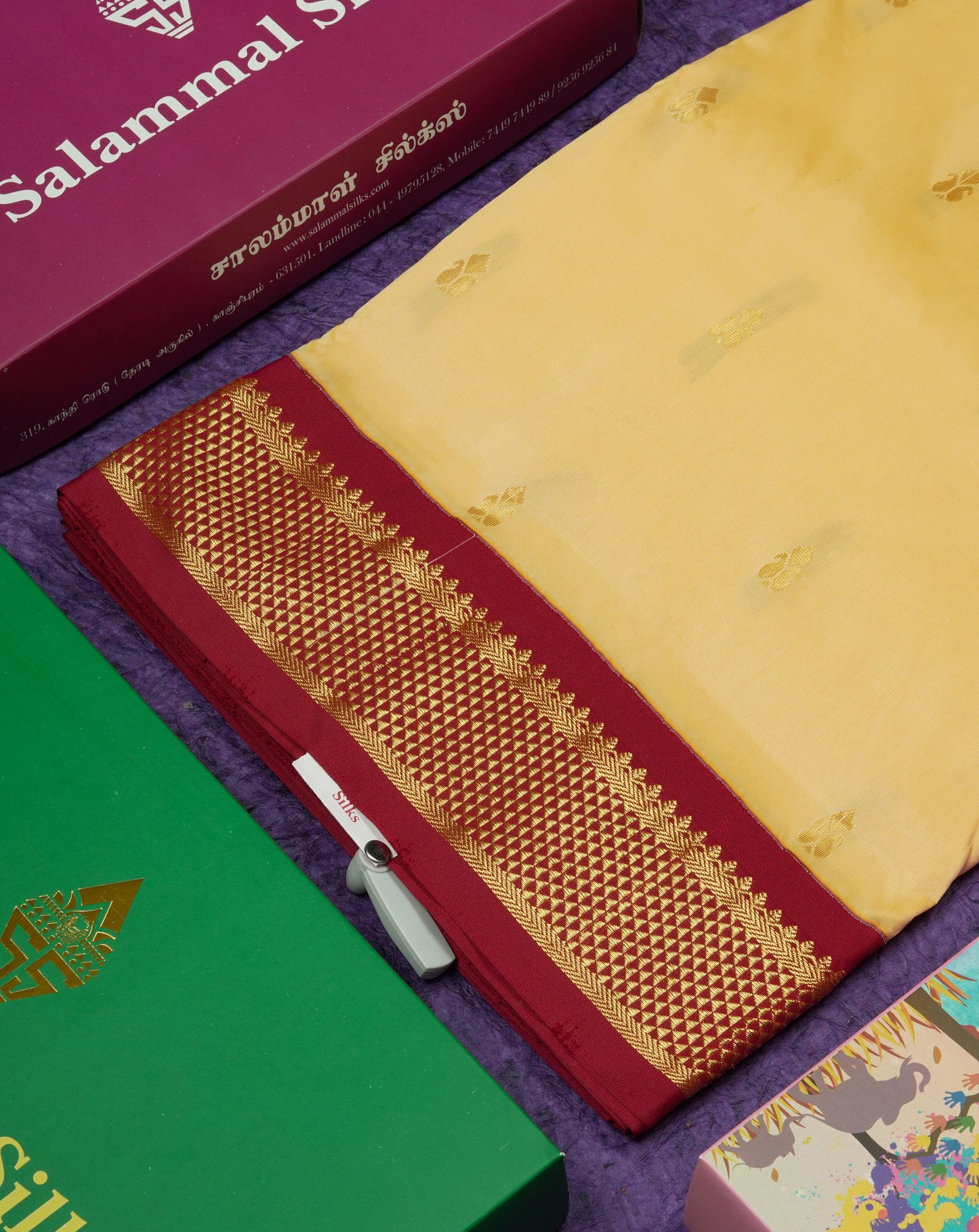 11 Yards Semi Silk Saree Mango Yellow with Contrast Maroon Border