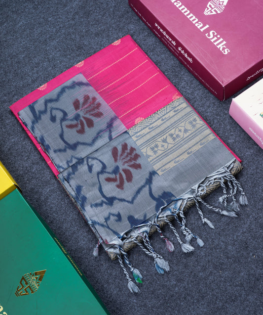 Pink Pure Kanjivaram Soft Silk Saree With Grey Beautiful Pochampalli Border