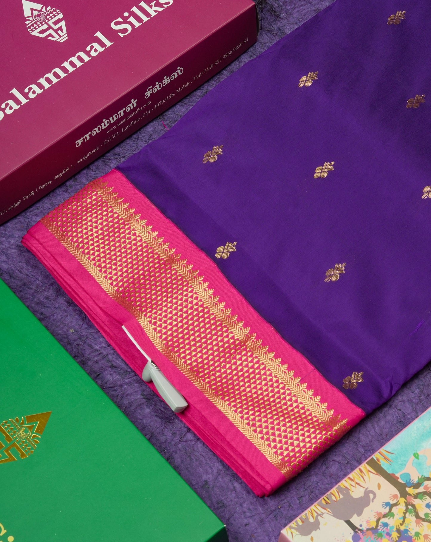 11 Yards Semi Silk Saree Peacock Blue with Contrast Pink Border