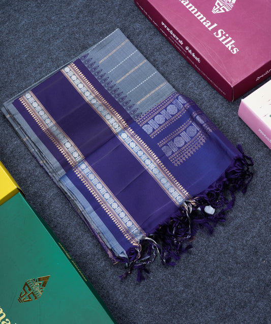 Grey Pure Kanjivaram Soft Silk Saree With Beautiful Violet Traditional Double Border