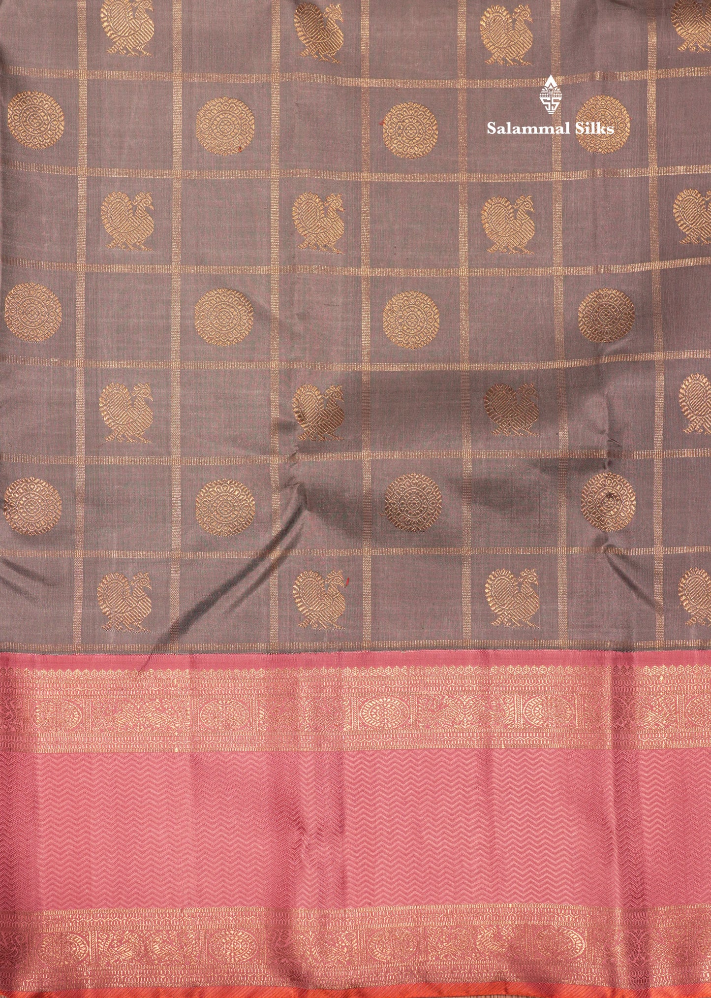 Kanjivaram Beautiful Grey Checks Mayil Chakkaram Traditional 3G Zari Pure Silk Saree With Baby Pink Border