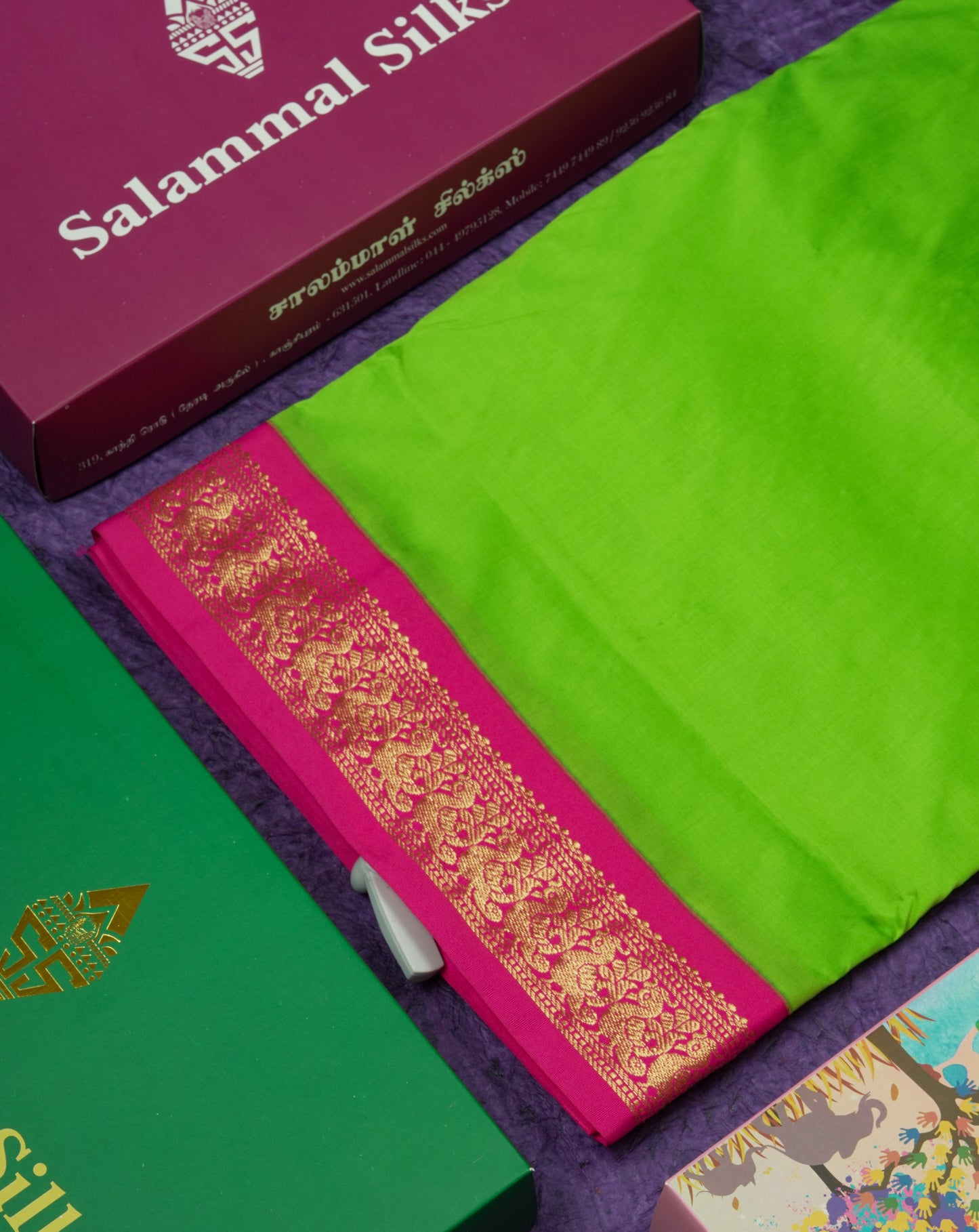 11 Yards Semi Silk Saree Green with Contrast Pink Border