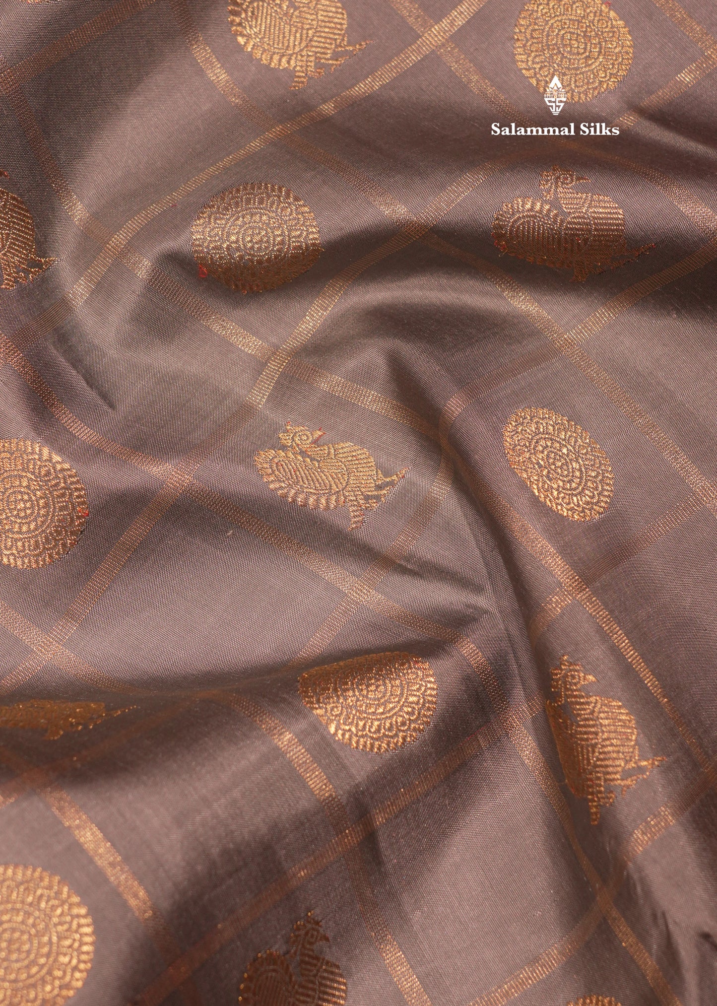Kanjivaram Beautiful Grey Checks Mayil Chakkaram Traditional 3G Zari Pure Silk Saree With Baby Pink Border