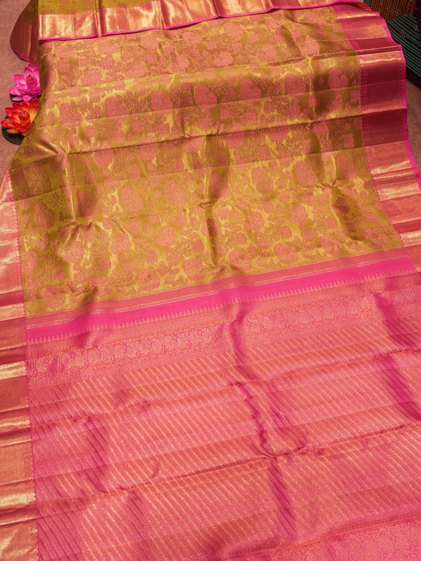 Kanjivaram Beautiful Manthulir Yellow Pure Silk Saree With Baby Pink Blouse
