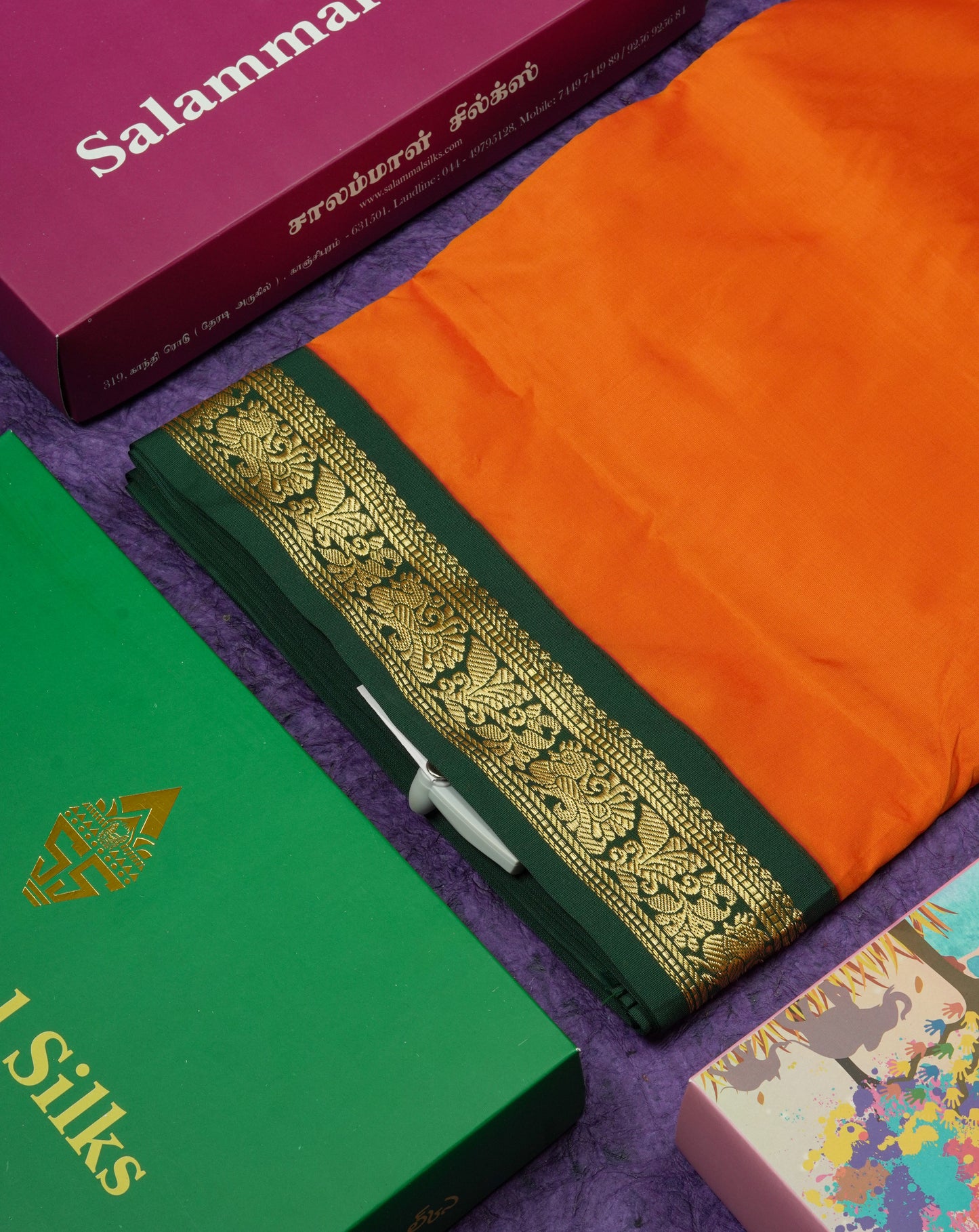11 Yards Semi Silk Saree Green with Contrast Pink Border