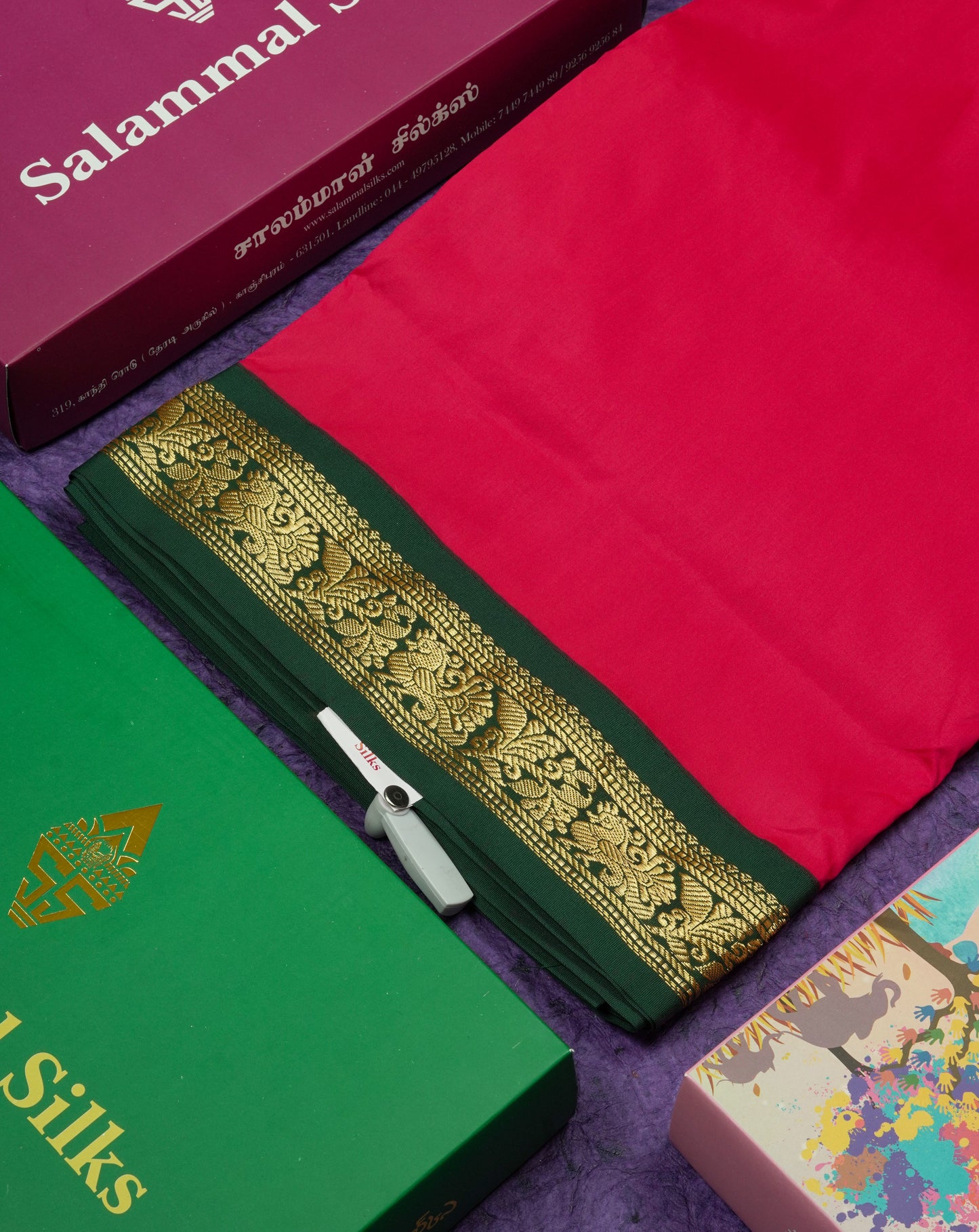 11 Yards Semi Silk Saree Reddish Pink with Contrast Bottle Green Traditional Border