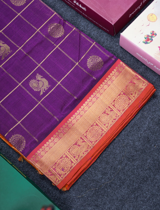 Purple Checks Pure Silk Cotton Saree With Contrast Orange Blouse