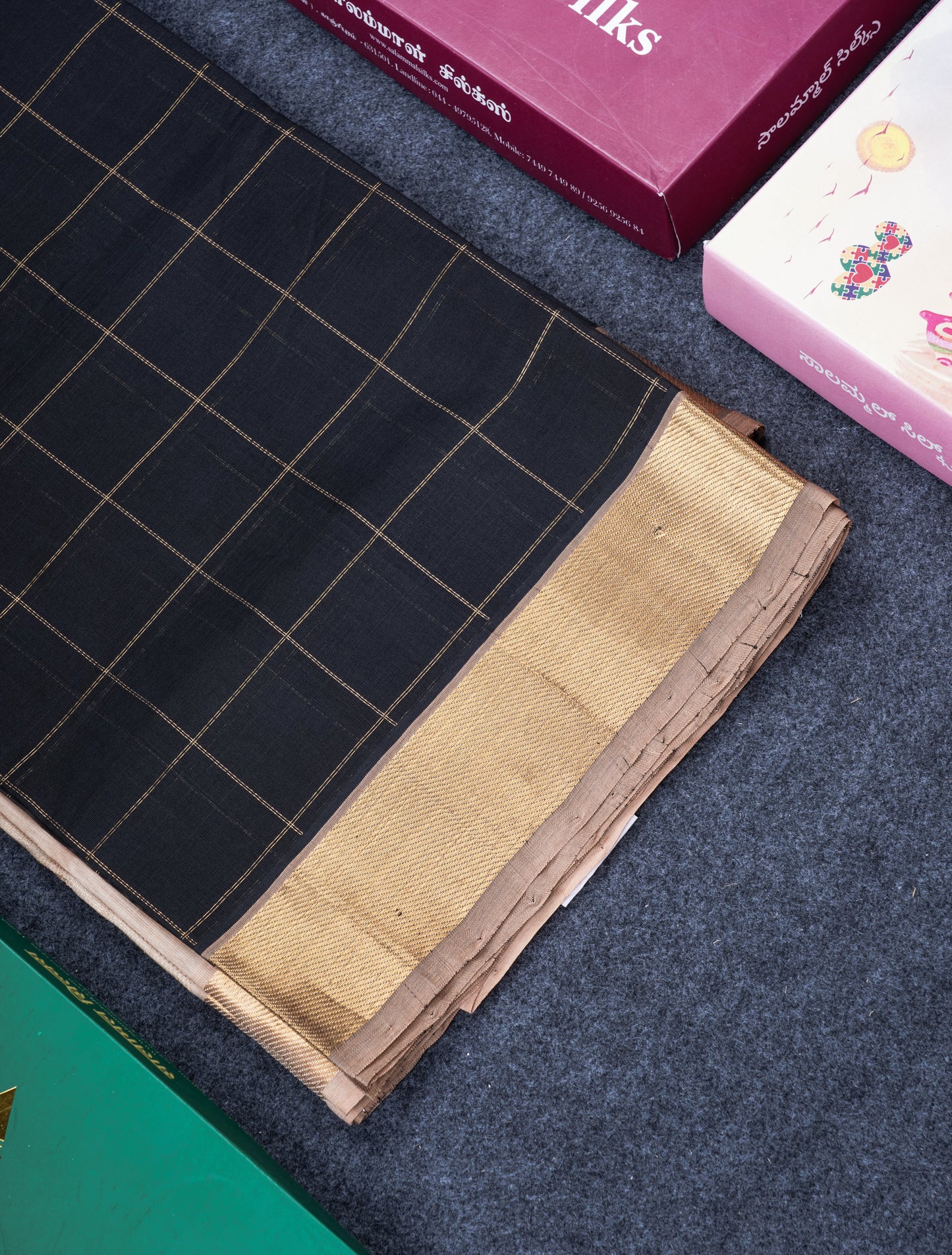 Black Checks Pure Silk Cotton Saree With Contrast Beige Blouse