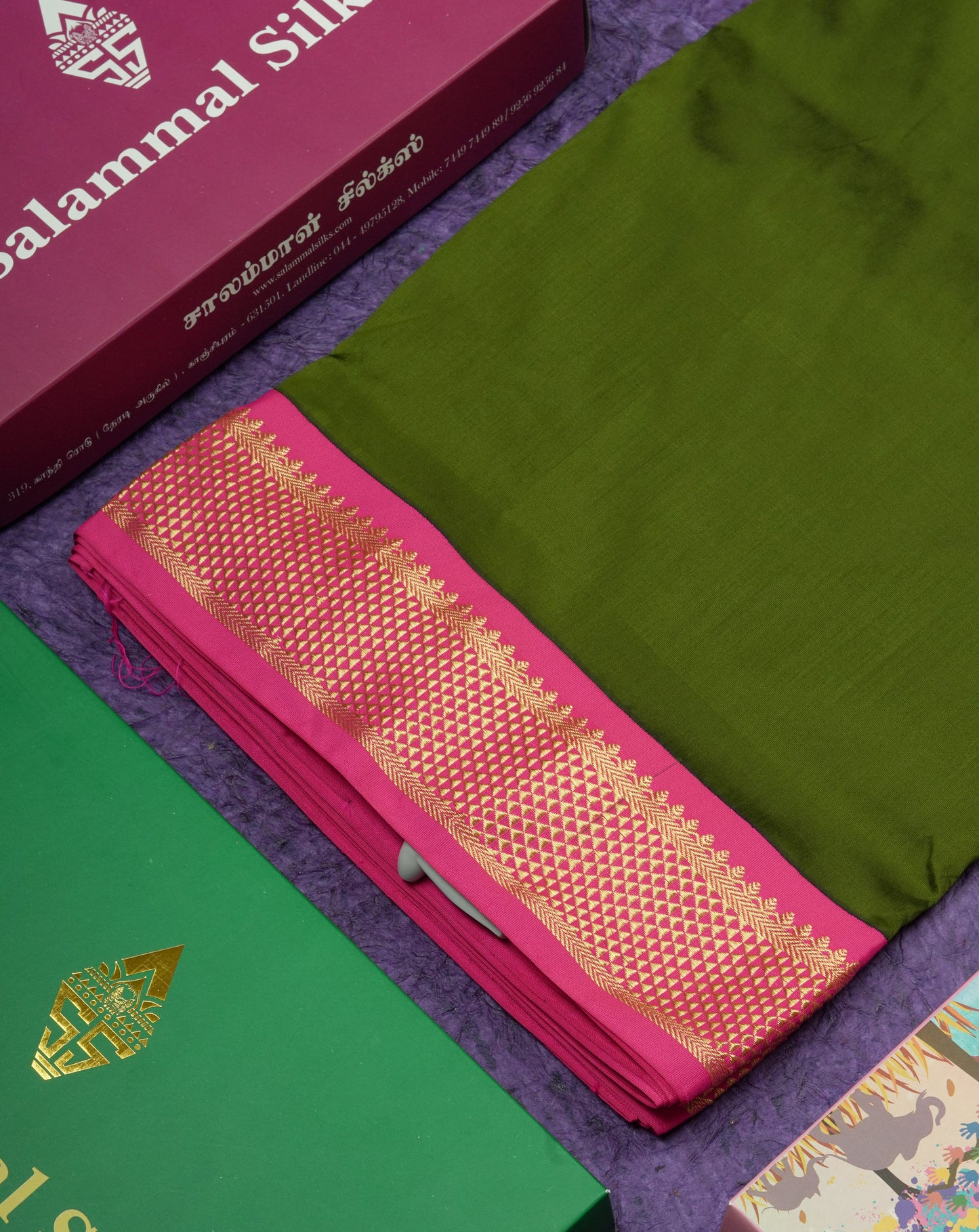 11 Yards Semi Silk Saree Royal Blue with Contrast Pink Border