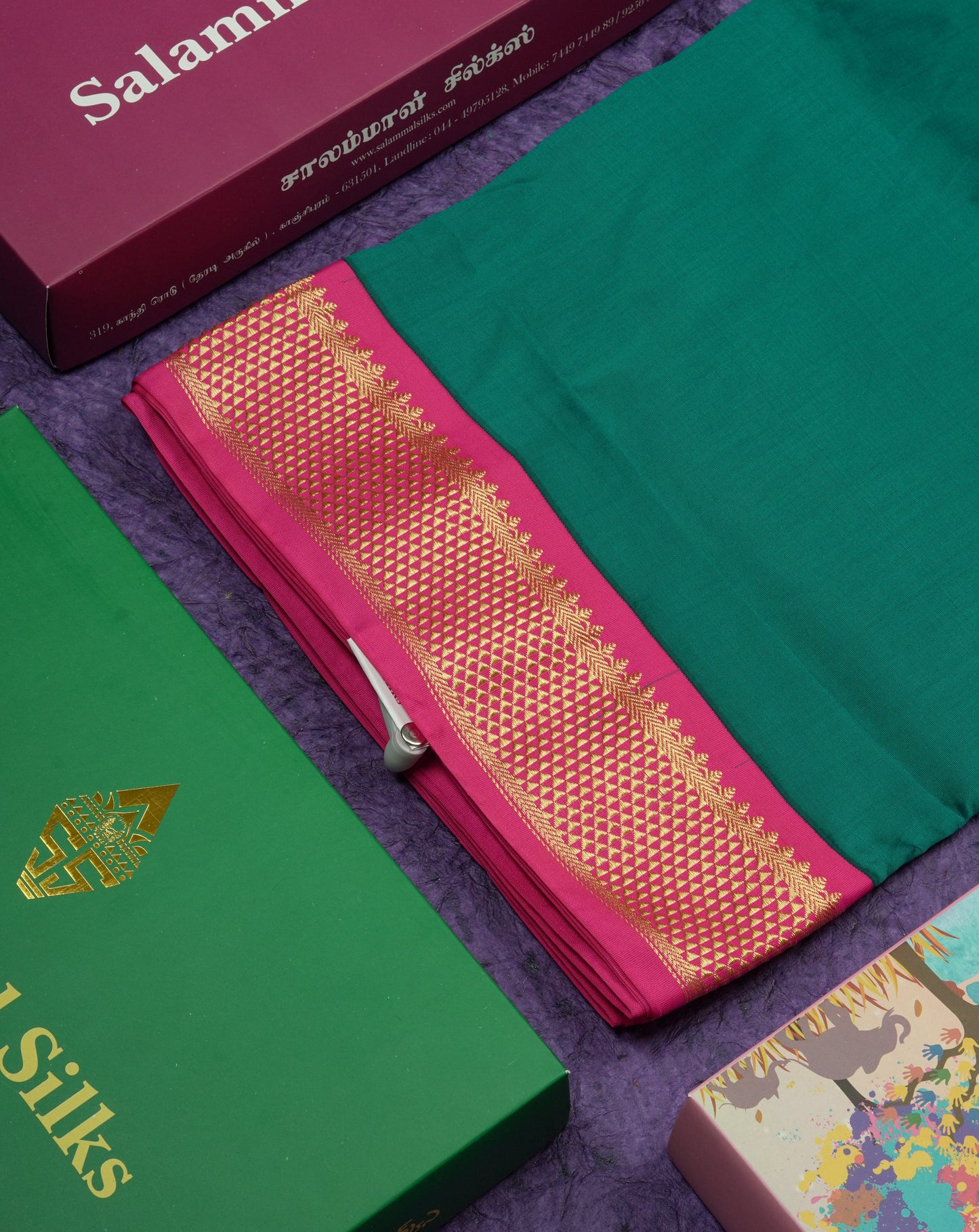 11 Yards Semi Silk Saree Royal Blue with Contrast Pink Border