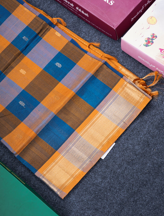 Beautiful Multicolour Paalum Pazham Checks Pure Silk Cotton Saree With Contrast Mustard Yellow Border