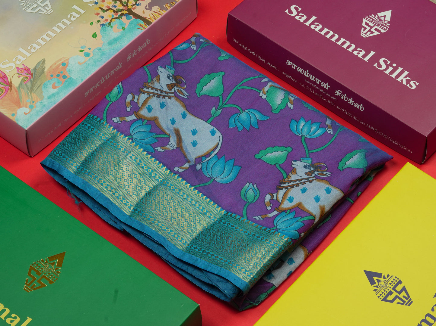 Purple Pichwai Print In Semi Raw Silk Saree With Contrast Rama Blue Traditional Border