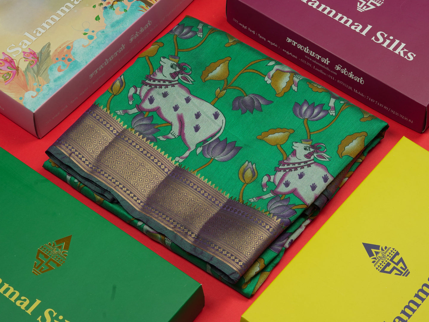 Purple Pichwai Print In Semi Raw Silk Saree With Contrast Rama Blue Traditional Border